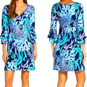 Lilly Pulitzer Raina Dress Deep Indigo Blue Swish and Sway Corals size Large EUC